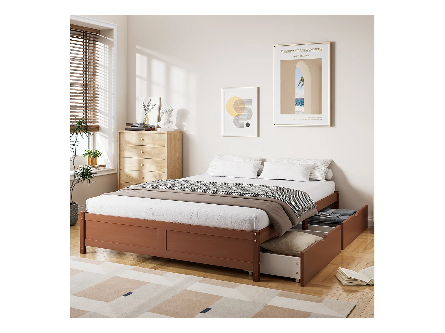 Lit enfant, lit plat, bois vintage, 2 tiroirs sur roulettes, ado/adulte, pin+MDF, brun rougeâtre, 140x200cm