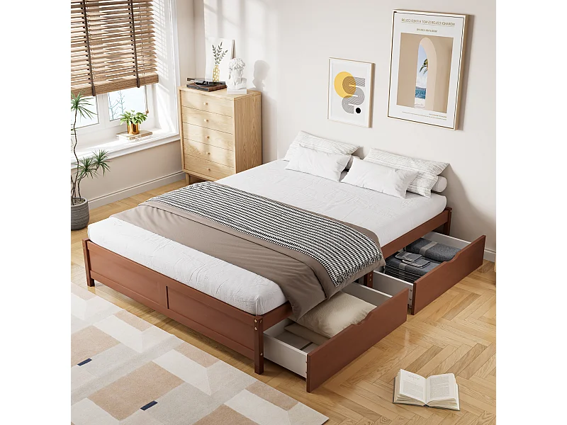 Kinderbed, vlak bed, vintage hout, 2 lades op wielen, tieners/volwassenen, grenen + MDF, roodbruin, 140x200cm