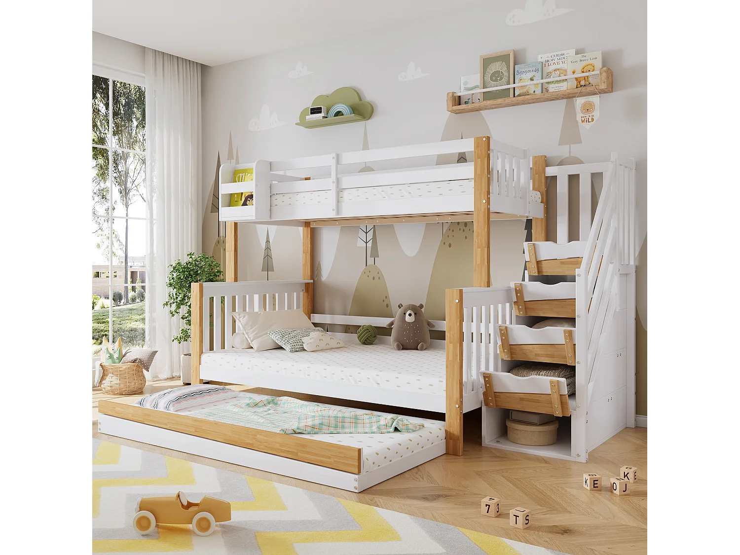 Kinderstapelbed, uitvalbeveiliging, 3 standen, uitschuifbed, deurpaneel, hoekladder, grenen + MDF, wit + naturel, 90/120 x 200 cm