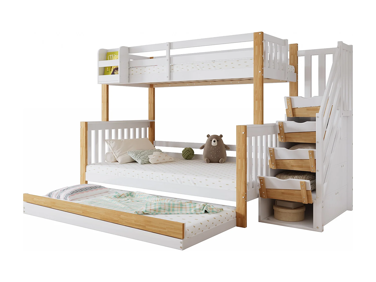 Kinderstapelbed, uitvalbeveiliging, 3 standen, uitschuifbed, deurpaneel, hoekladder, grenen + MDF, wit + naturel, 90/120 x 200 cm