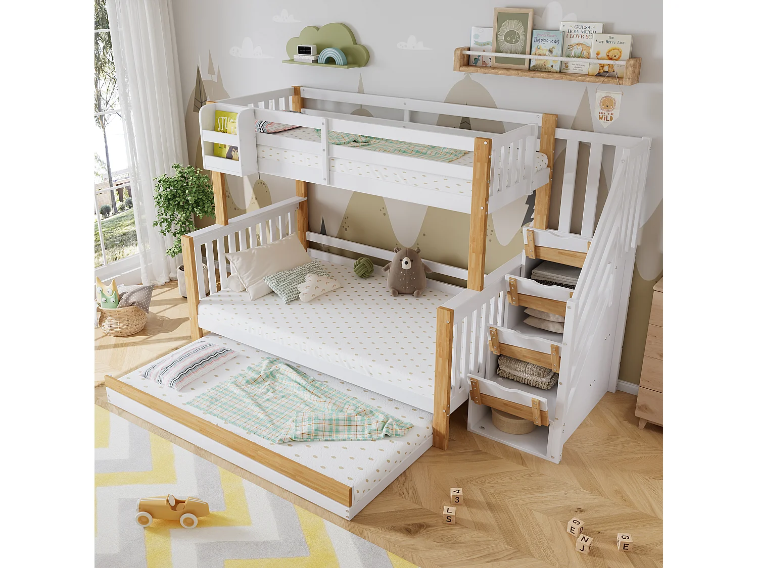 Kinderstapelbed, uitvalbeveiliging, 3 standen, uitschuifbed, deurpaneel, hoekladder, grenen + MDF, wit + naturel, 90/120 x 200 cm