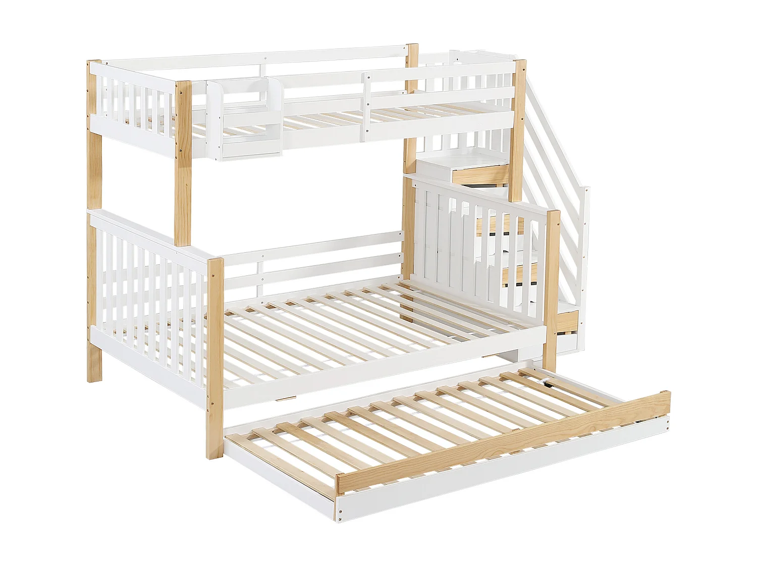 Kinderstapelbed, uitvalbeveiliging, 3 standen, uitschuifbed, deurpaneel, hoekladder, grenen + MDF, wit + naturel, 90/120 x 200 cm