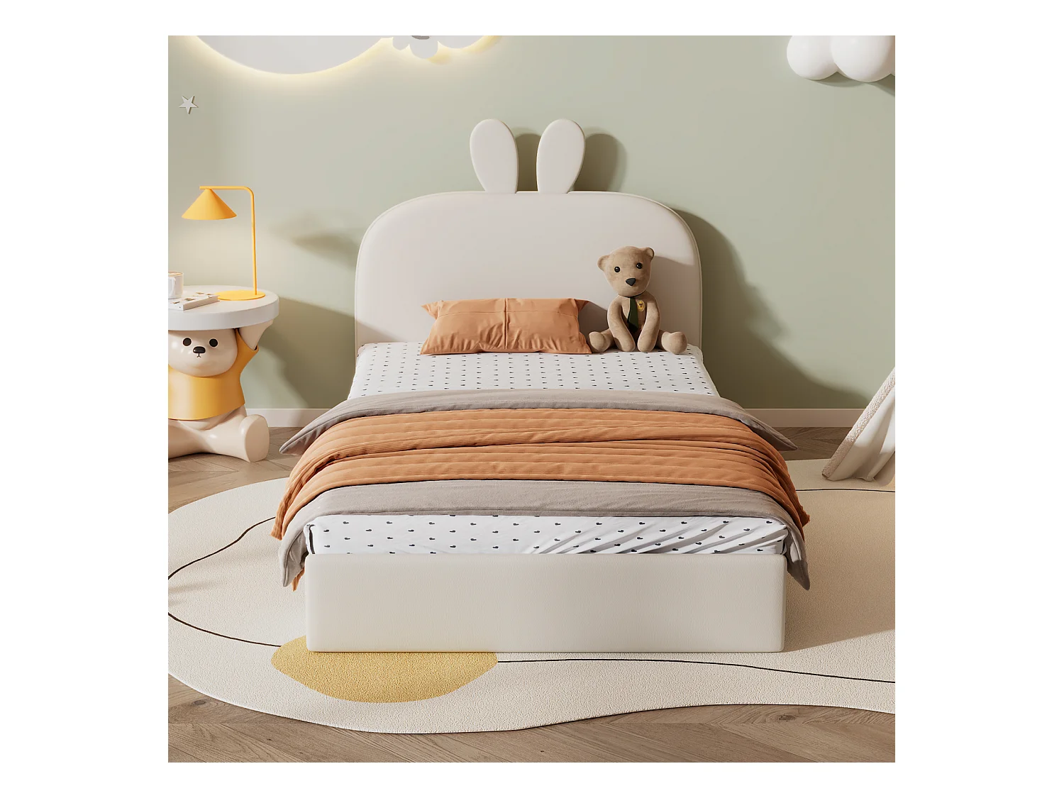 Tête de lit lapin tapissée, lit enfant à lattes en bois, lit simple, velours, beige, 90x200cm