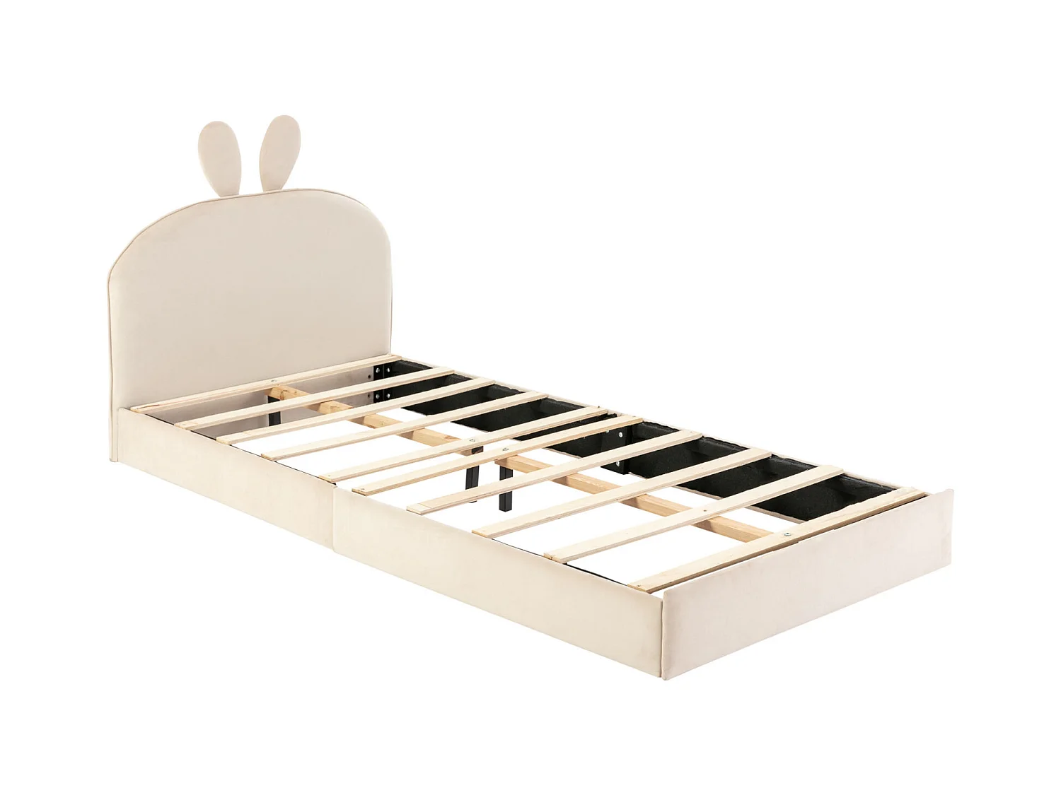 Tête de lit lapin tapissée, lit enfant à lattes en bois, lit simple, velours, beige, 90x200cm
