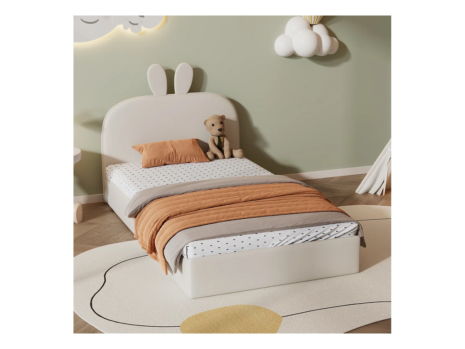 Tête de lit lapin tapissée, lit enfant à lattes en bois, lit simple, velours, beige, 90x200cm