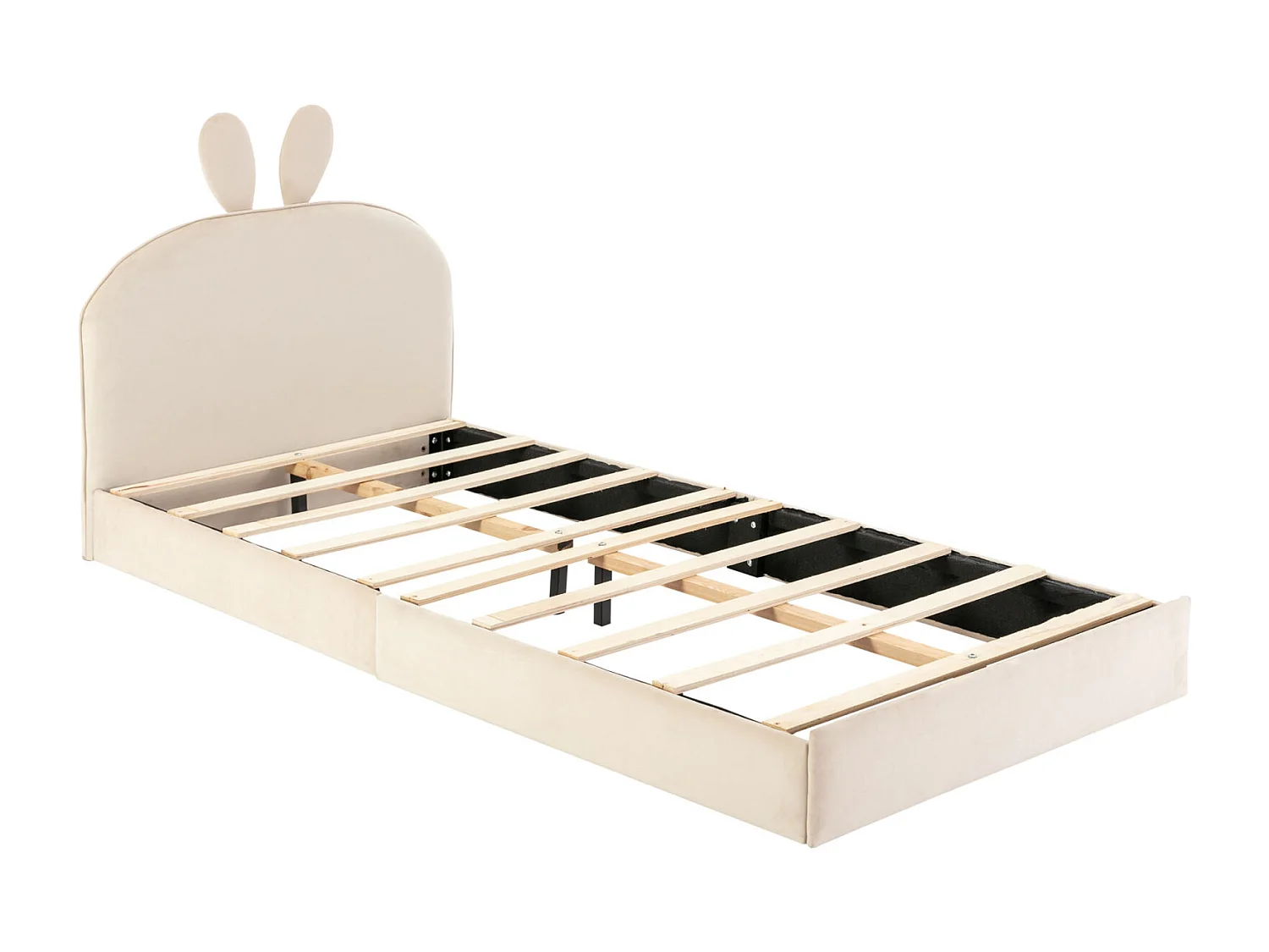 Tête de lit lapin tapissée, lit enfant à lattes en bois, lit simple, velours, beige, 90x200cm