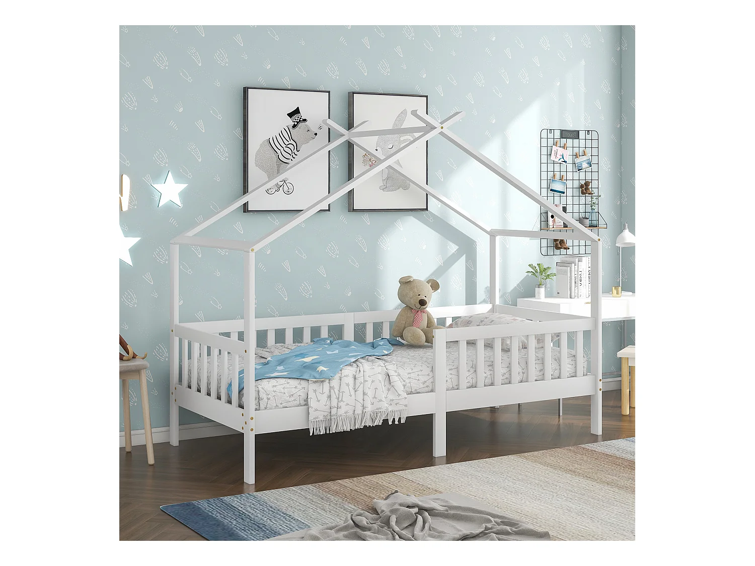 Linda cama de casa, cama infantil de madeira maciça com cerca e estrutura de ripas, quarto infantil e juvenil com proteção contra quedas, branca (200x90 cm)