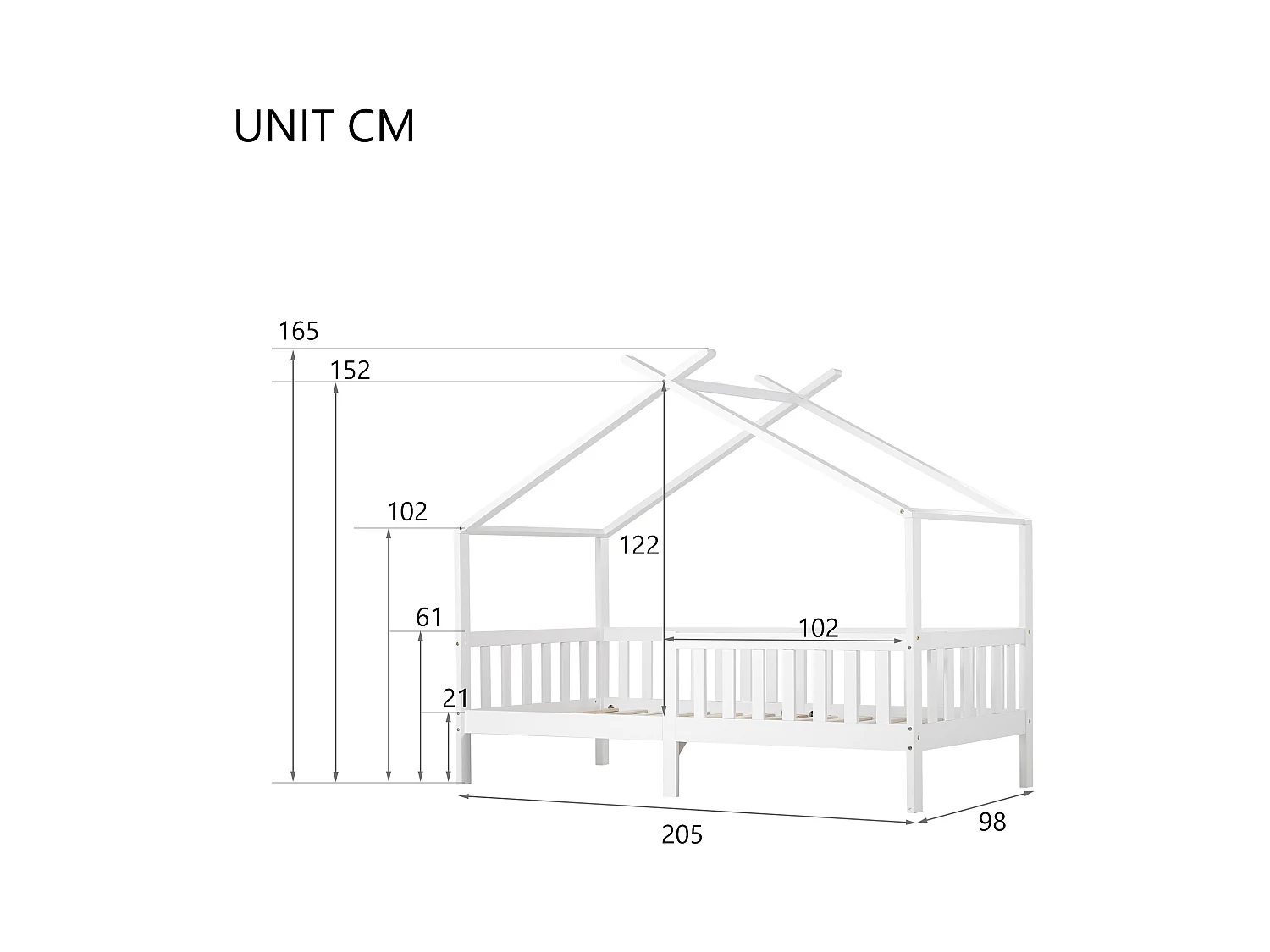 Linda cama de casa, cama infantil de madeira maciça com cerca e estrutura de ripas, quarto infantil e juvenil com proteção contra quedas, branca (200x90 cm)