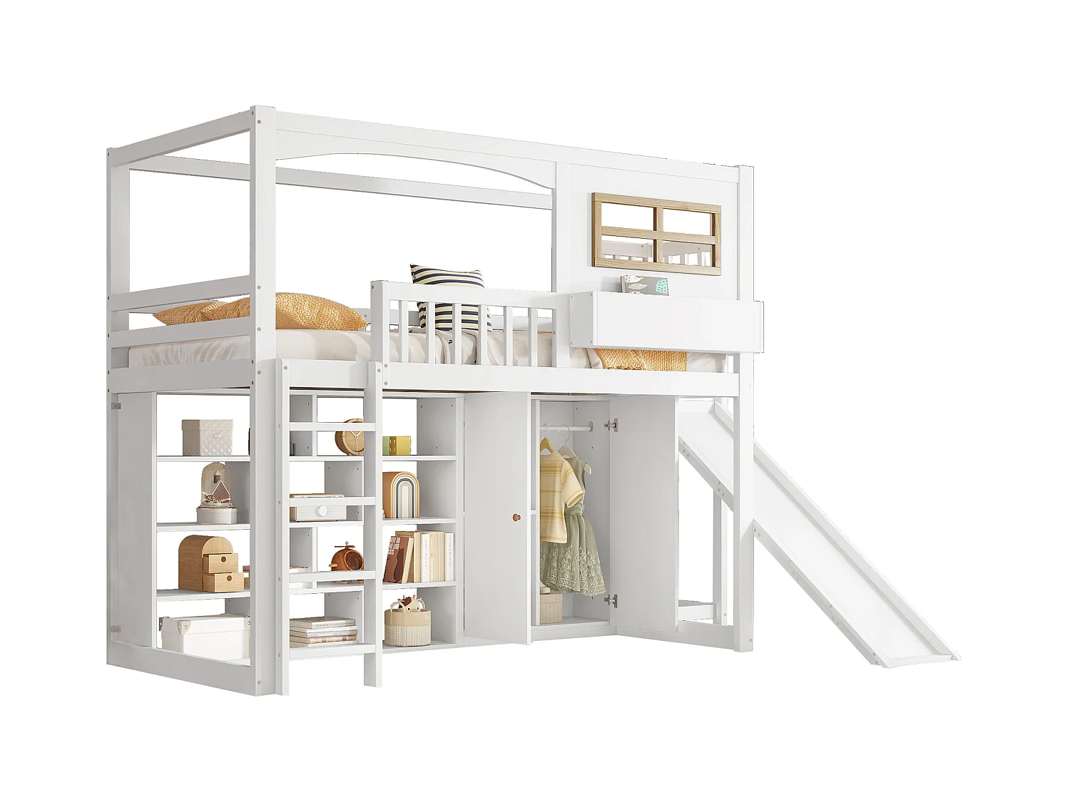 Kinder-Etagenbett, Schutzgitter, Rutsche, Kleiderschrank, Stauraum, 4-Stufen-Leiter, Kiefer+MDF+Sperrholz, weiß, 90x200cm