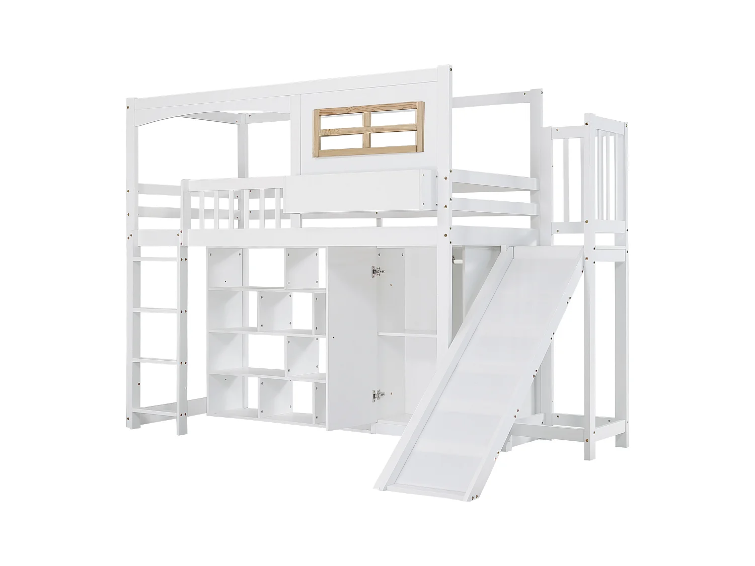 Kinder-Etagenbett, Schutzgitter, Rutsche, Kleiderschrank, Stauraum, 4-Stufen-Leiter, Kiefer+MDF+Sperrholz, weiß, 90x200cm