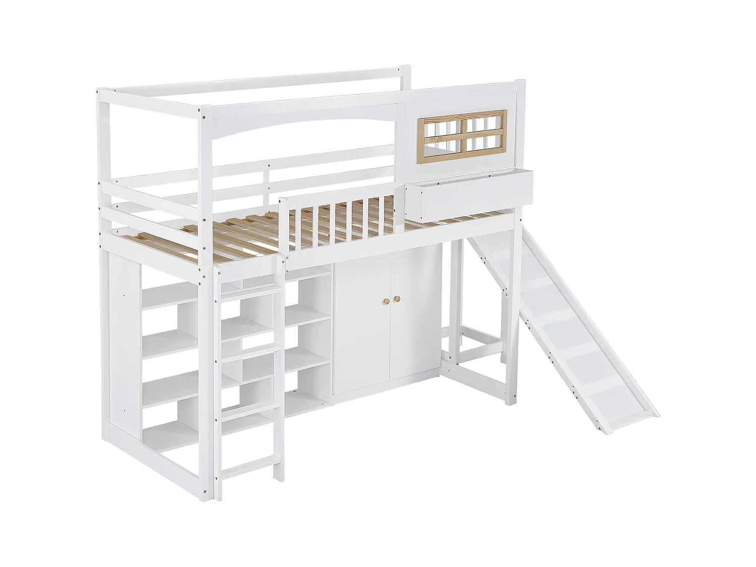 Kinder-Etagenbett, Schutzgitter, Rutsche, Kleiderschrank, Stauraum, 4-Stufen-Leiter, Kiefer+MDF+Sperrholz, weiß, 90x200cm