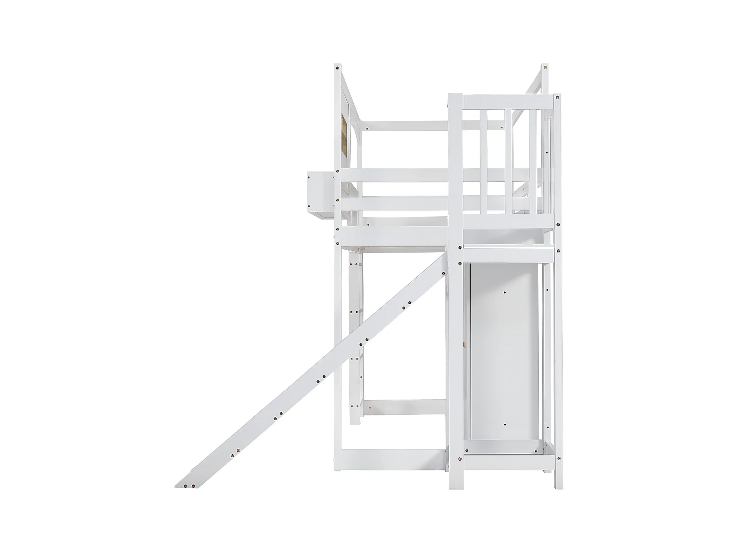 Kinder-Etagenbett, Schutzgitter, Rutsche, Kleiderschrank, Stauraum, 4-Stufen-Leiter, Kiefer+MDF+Sperrholz, weiß, 90x200cm