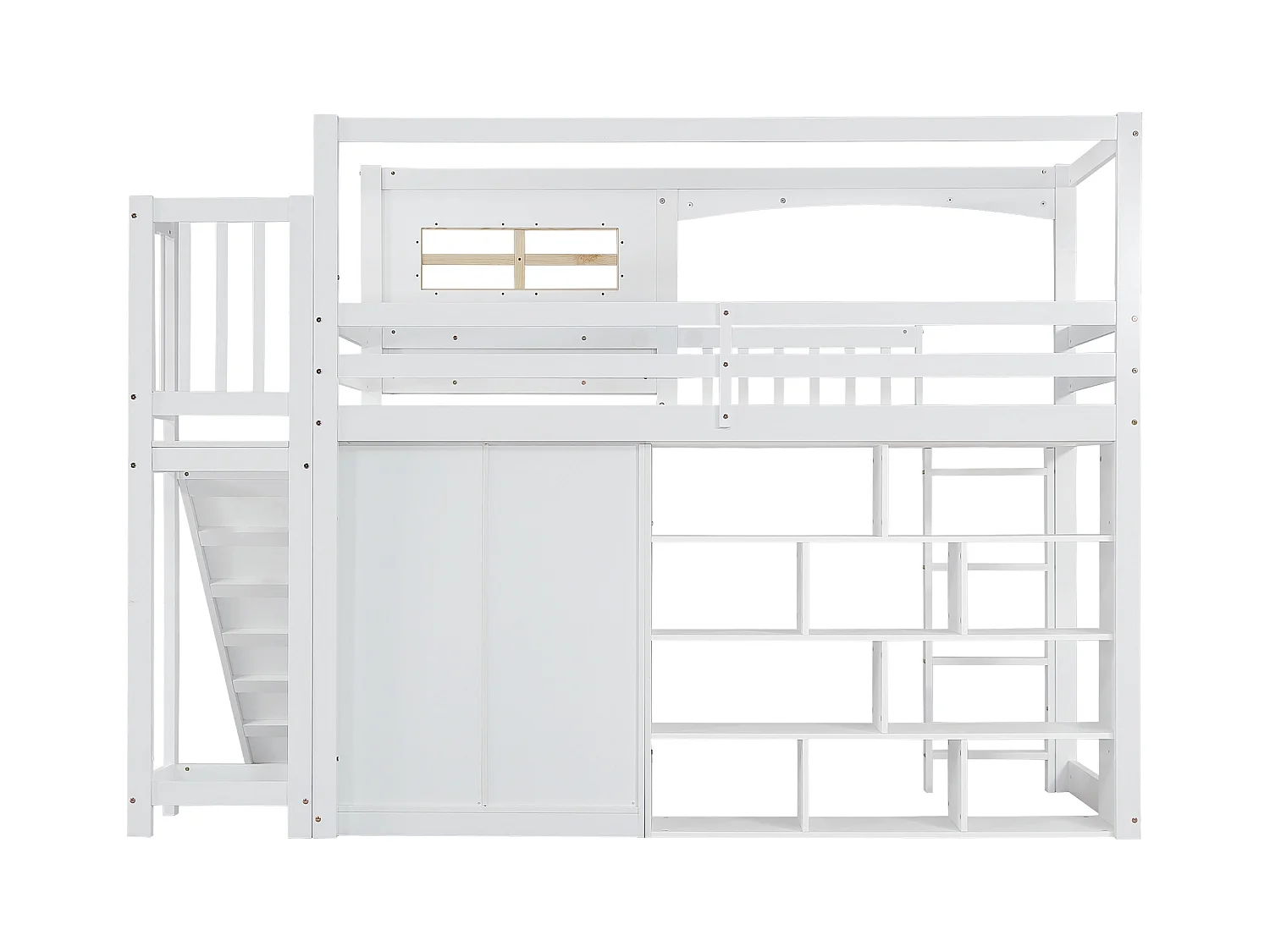 Kinder-Etagenbett, Schutzgitter, Rutsche, Kleiderschrank, Stauraum, 4-Stufen-Leiter, Kiefer+MDF+Sperrholz, weiß, 90x200cm
