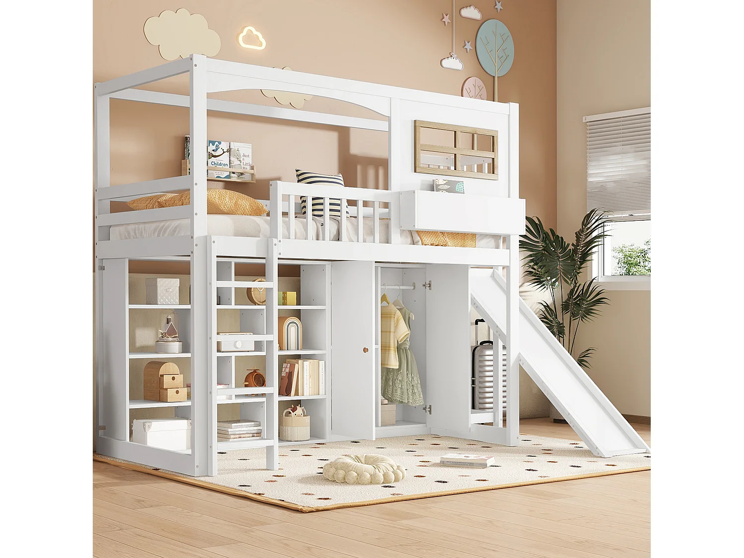 Lit superposé enfant, barrière de sécurité, toboggan, armoire, rangement, échelle 4 marches, pin+MDF+contreplaqué, blanc, 90x200cm