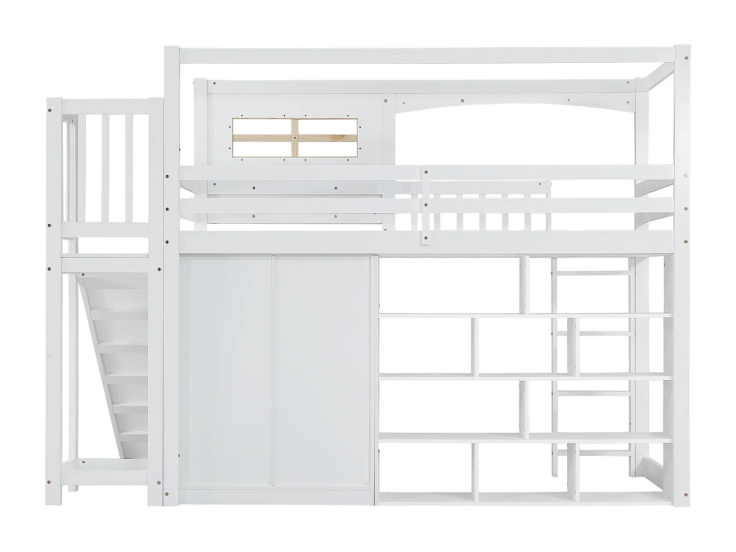 Lit superposé enfant, barrière de sécurité, toboggan, armoire, rangement, échelle 4 marches, pin+MDF+contreplaqué, blanc, 90x200cm