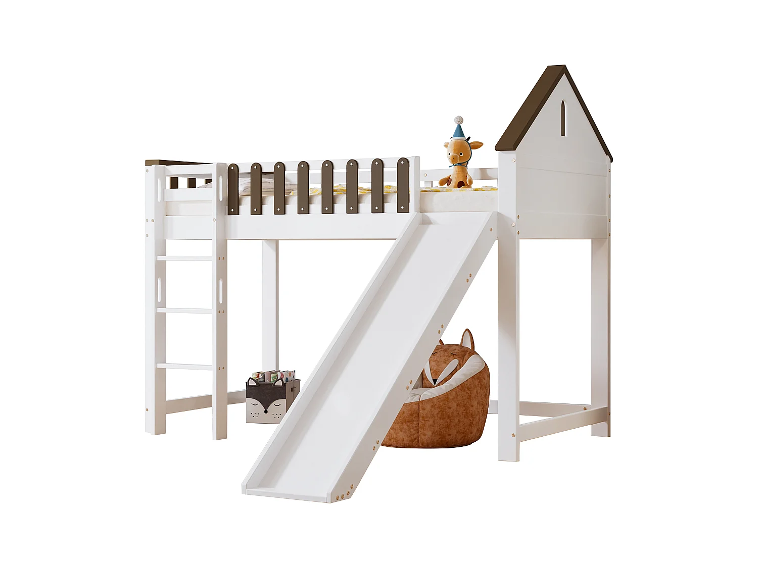 Lit mezzanine, avec toit et fenêtre, avec échelle droite à trois marches, lit d'adolescent, lit d'enfant avec toboggan, pin+MDF, blanc+noyer, 90x200cm