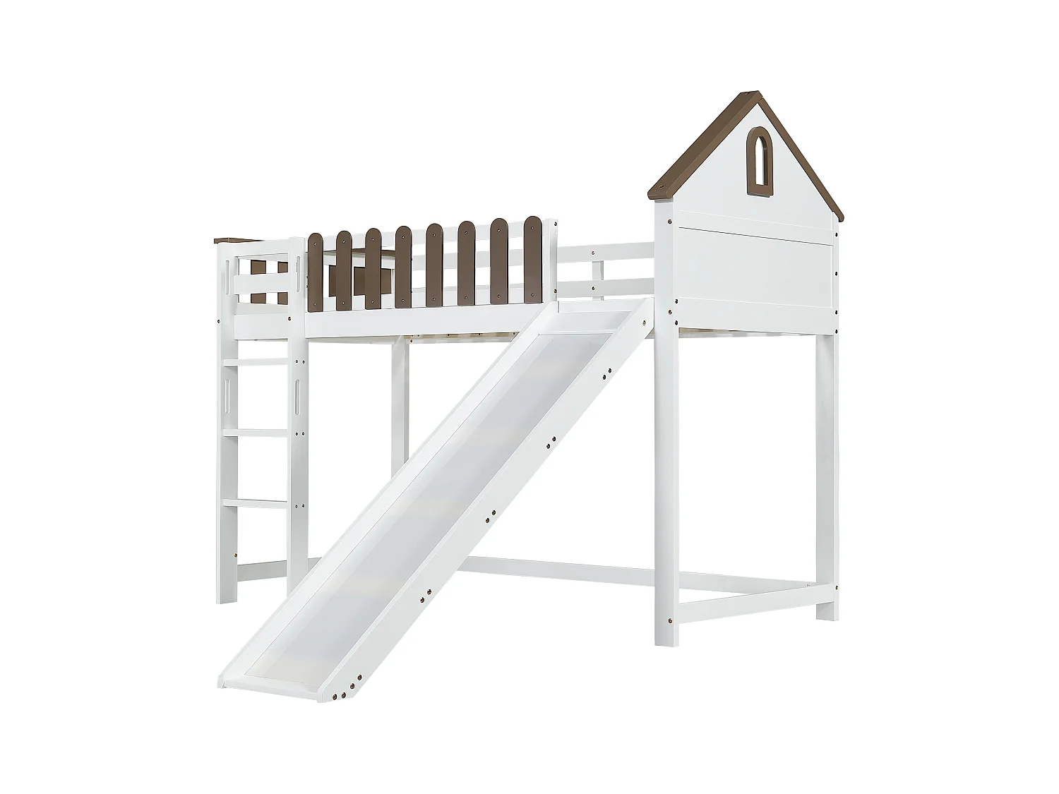 Lit mezzanine, avec toit et fenêtre, avec échelle droite à trois marches, lit d'adolescent, lit d'enfant avec toboggan, pin+MDF, blanc+noyer, 90x200cm