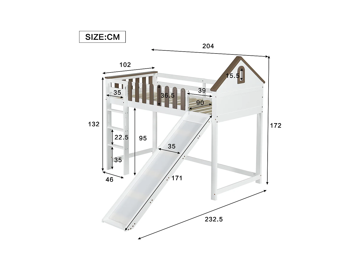 Hoogslaper, met dak en raam, met drietraps rechte ladder, jeugdbed, kinderbed met glijbaan, grenen+MDF, wit+noten, 90x200cm