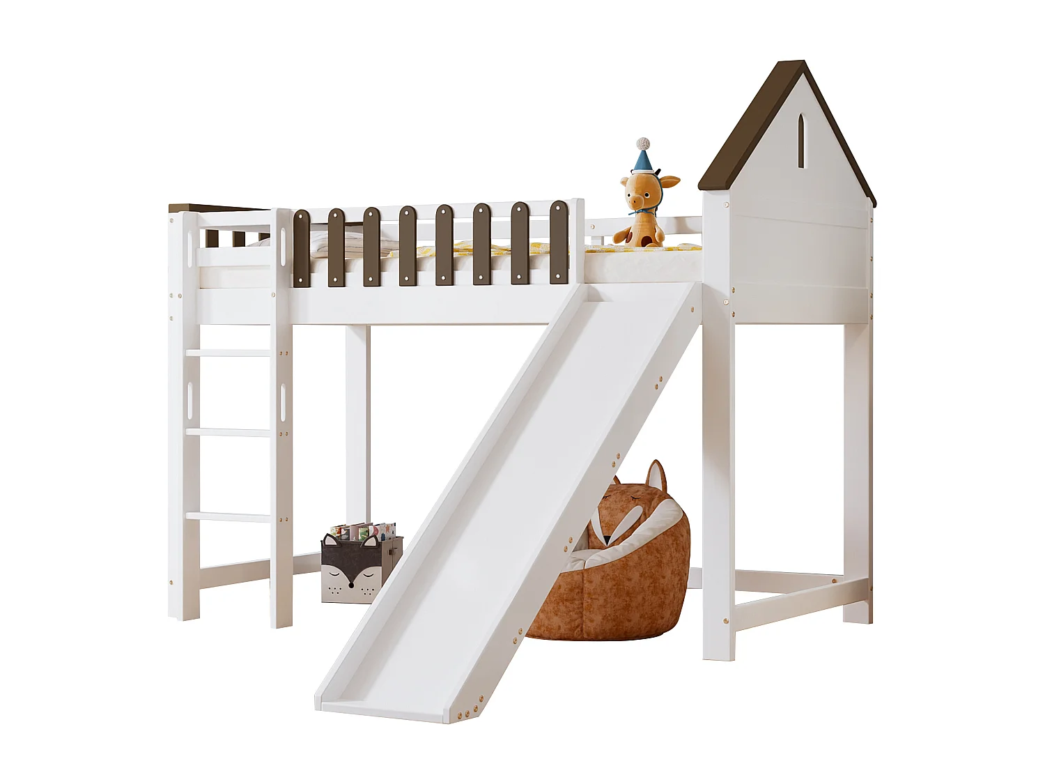 Lit mezzanine, avec toit et fenêtre, avec échelle droite à trois marches, lit d'adolescent, lit d'enfant avec toboggan, pin+MDF, blanc+noyer, 90x200cm