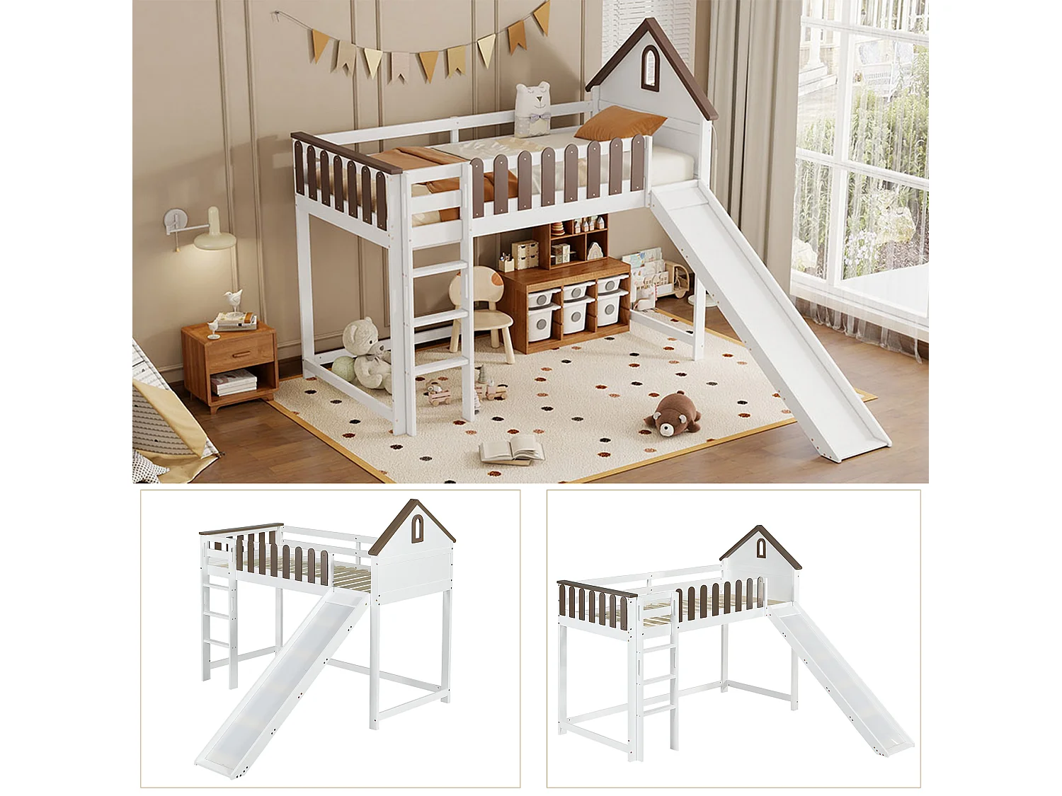 Lit mezzanine, avec toit et fenêtre, avec échelle droite à trois marches, lit d'adolescent, lit d'enfant avec toboggan, pin+MDF, blanc+noyer, 90x200cm