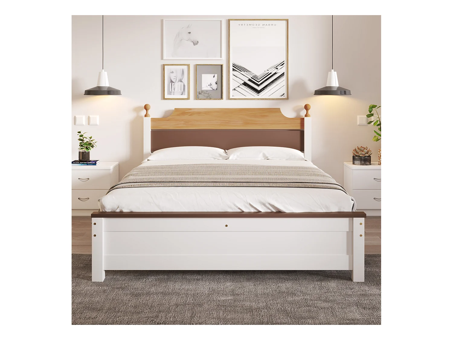 Tweepersoonsbed, grenenhout, centrale poot, MDF hoofdbord, kleurblok, wit, 140x200cm