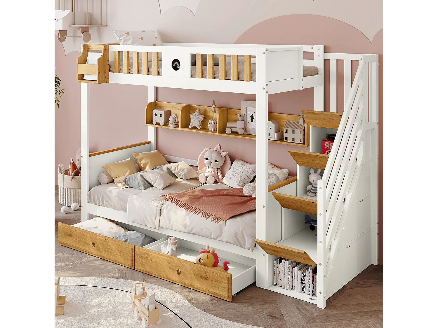 Stapelbed, opbergruimte, grenen + MDF, kinderbed, 4 ladderkasten, veiligheidsdeur, 2 lades, plank, wit + naturel, 90x200cm