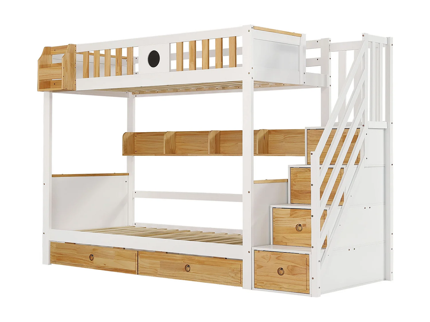 Stapelbed, opbergruimte, grenen + MDF, kinderbed, 4 ladderkasten, veiligheidsdeur, 2 lades, plank, wit + naturel, 90x200cm