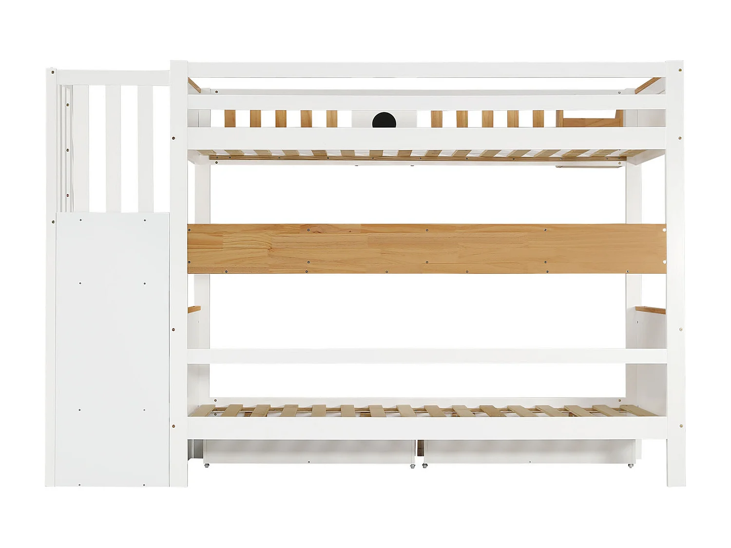 Stapelbed, opbergruimte, grenen + MDF, kinderbed, 4 ladderkasten, veiligheidsdeur, 2 lades, plank, wit + naturel, 90x200cm