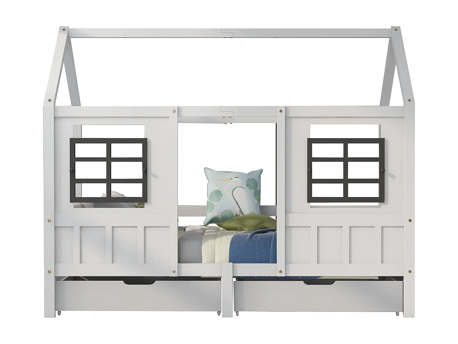 Huisbed met 2 lades, eenpersoonsbed, boxspring, kinderbed met 2 ramen, grenen frame, MDF, wit (200x90cm)