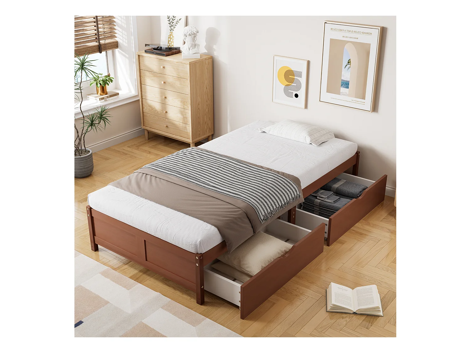 Kinderbett, Flachbett, Vintage Holz, 2 Schubkästen auf Rollen, Jugendliche/Erwachsene, Kiefer+MDF, rotbraun, 90x200cm