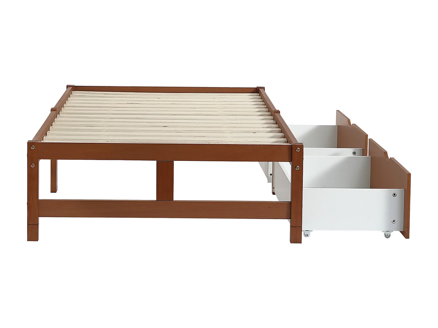 Lit enfant, lit plat, bois vintage, 2 tiroirs sur roulettes, ado/adulte, pin+MDF, brun rougeâtre, 90x200cm