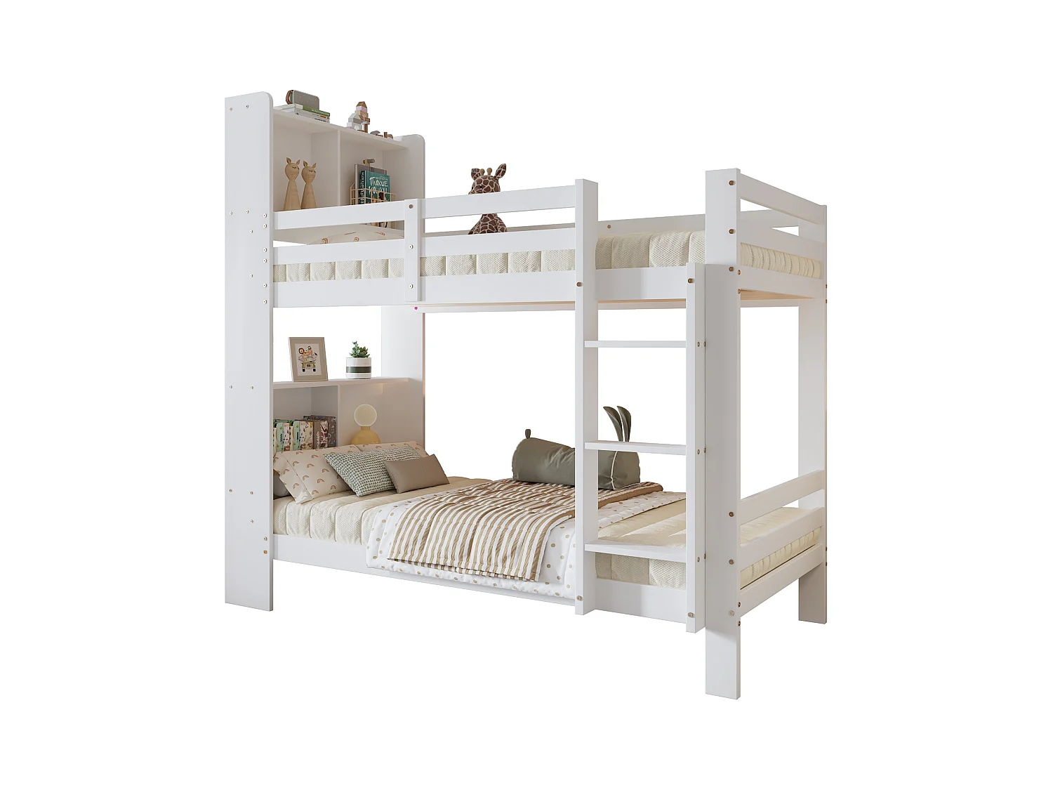 Lit superposé, étagères, échelle rectangulaire 3 marches, rangement, bois massif, blanc, 90x200cm