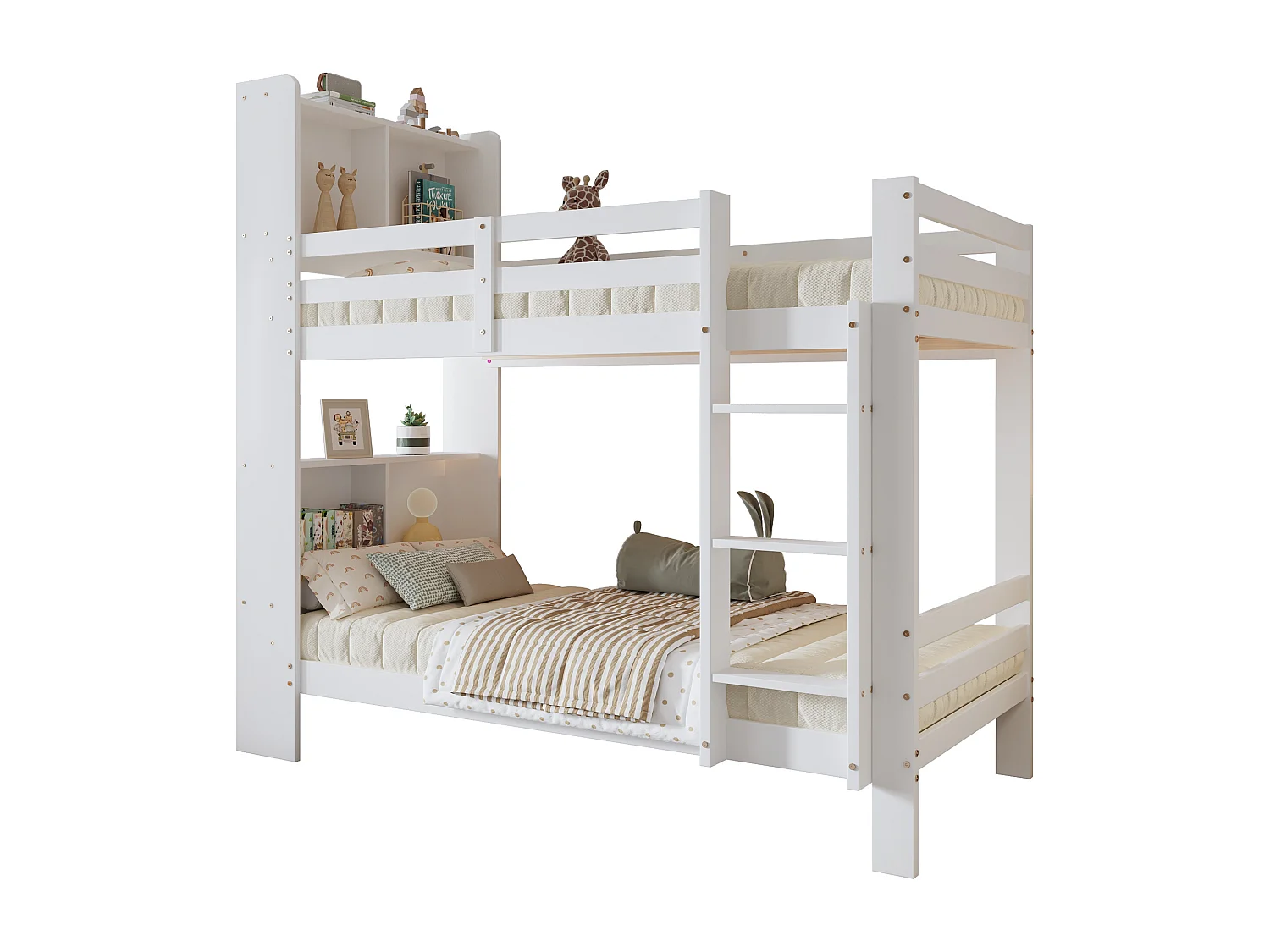 Beliche com prateleiras e escada retangular de três degraus, cama de madeira com arrumação, estrutura de cama de madeira maciça, branca, 90x200 cm