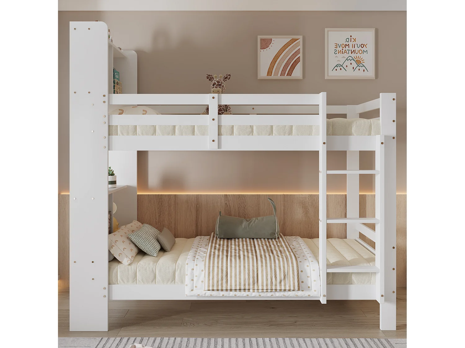 Beliche com prateleiras e escada retangular de três degraus, cama de madeira com arrumação, estrutura de cama de madeira maciça, branca, 90x200 cm