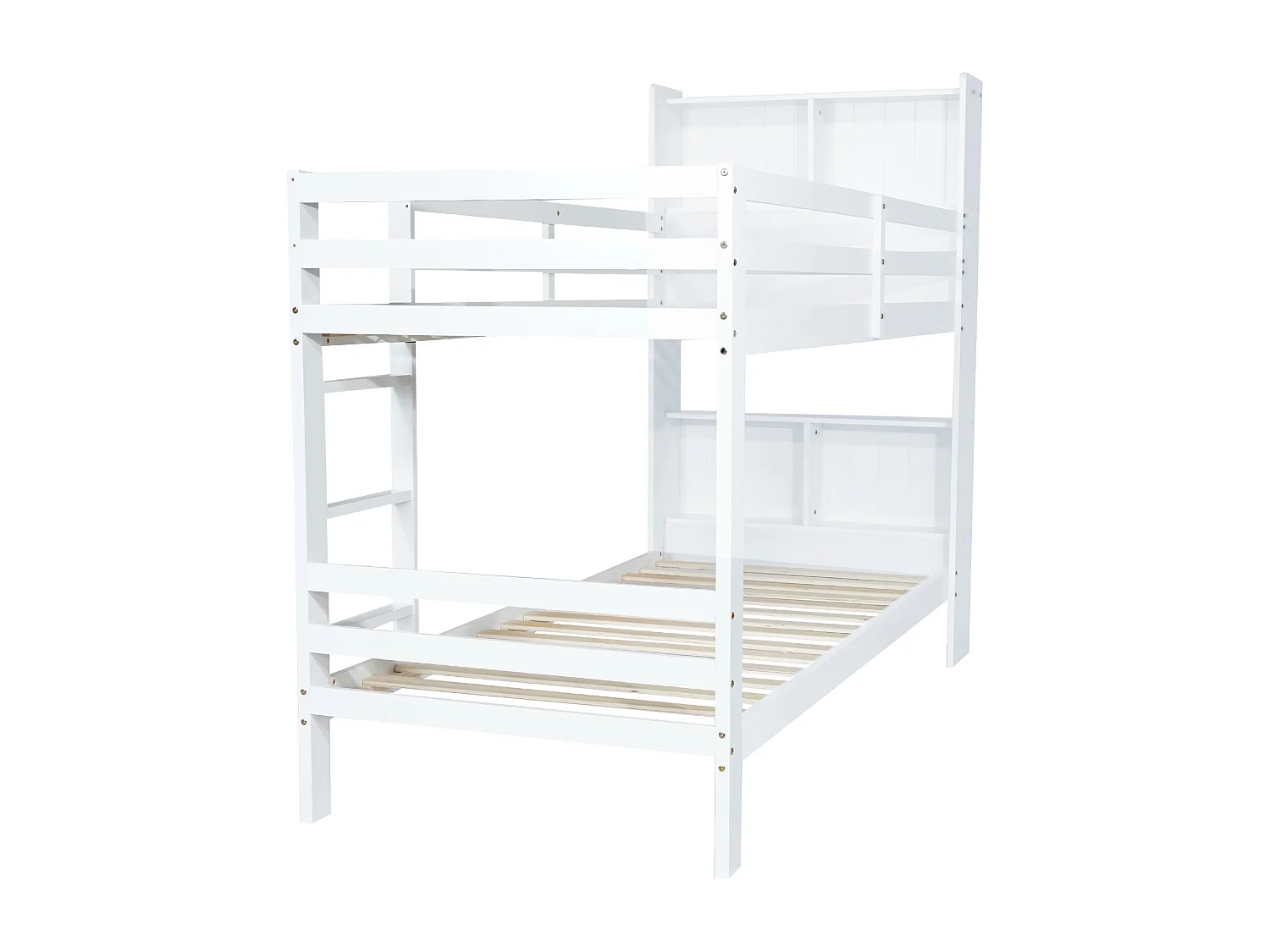 Beliche com prateleiras e escada retangular de três degraus, cama de madeira com arrumação, estrutura de cama de madeira maciça, branca, 90x200 cm