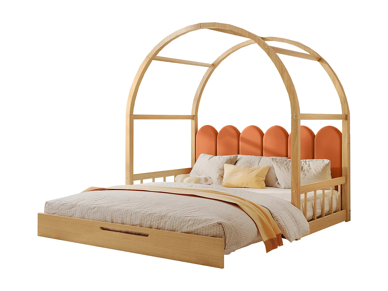 (Avec matelas) Lit mezzanine extensible voûté, gigogne, enfant, divan, double, coussins velours, pin, blanc + rose, 140x100/200cm