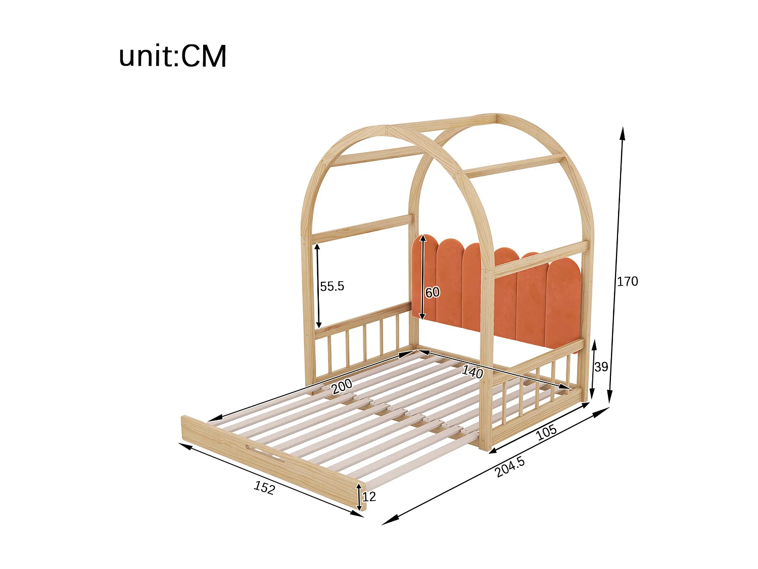(Avec matelas) Lit mezzanine extensible voûté, gigogne, enfant, divan, double, coussins velours, pin, blanc + rose, 140x100/200cm