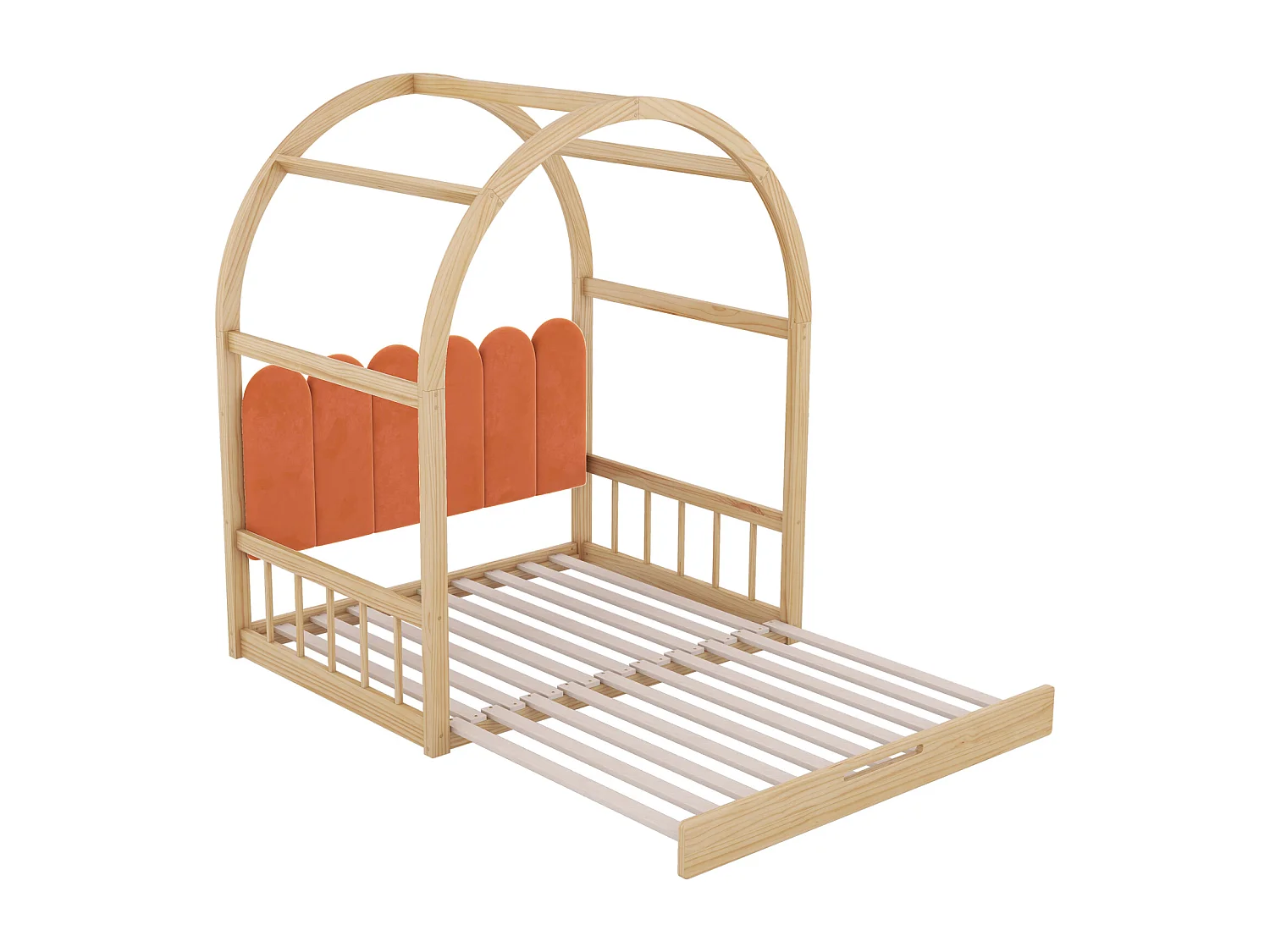 (Avec matelas) Lit mezzanine extensible voûté, gigogne, enfant, divan, double, coussins velours, pin, blanc + rose, 140x100/200cm