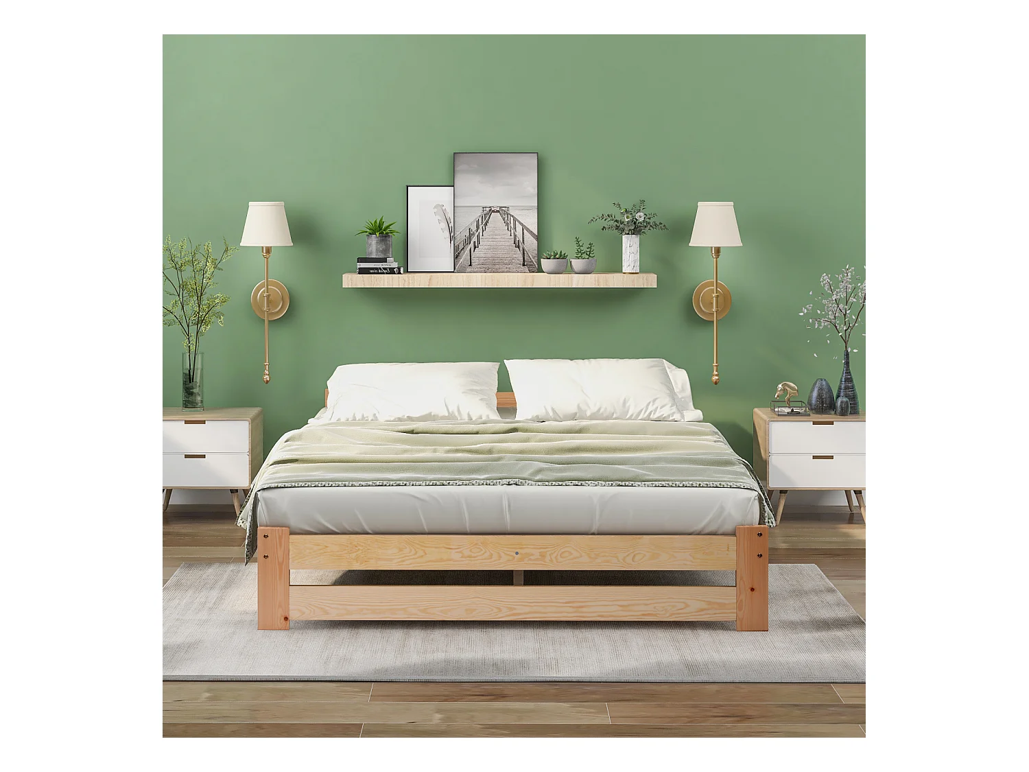 Massivholzbett, Futonbett, Natur Massivholzbett mit Kopfteil und Lattenrost, Natur (200x140cm)