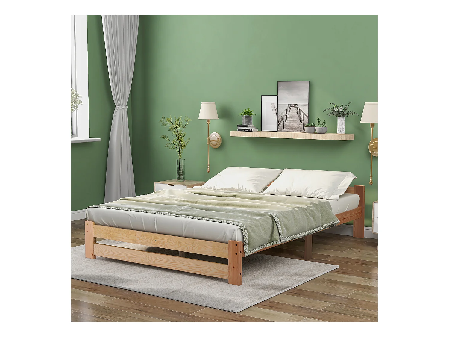 Massivholzbett, Futonbett, Natur Massivholzbett mit Kopfteil und Lattenrost, Natur (200x140cm)