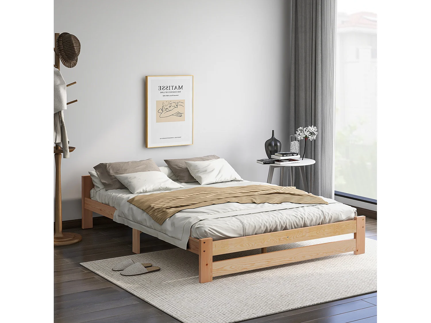 Lit en bois massif, lit futon, lit en bois massif naturel avec tête de lit et sommier à lattes, naturel (200x140cm)