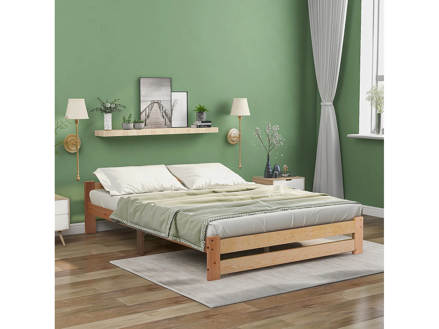 Lit en bois massif, lit futon, lit en bois massif naturel avec tête de lit et sommier à lattes, naturel (200x140cm)