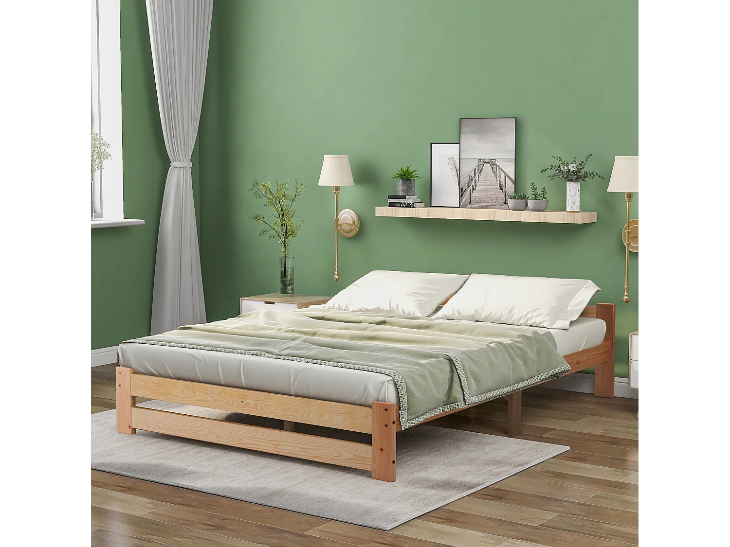 Lit en bois massif, lit futon, lit en bois massif naturel avec tête de lit et sommier à lattes, naturel (200x140cm)