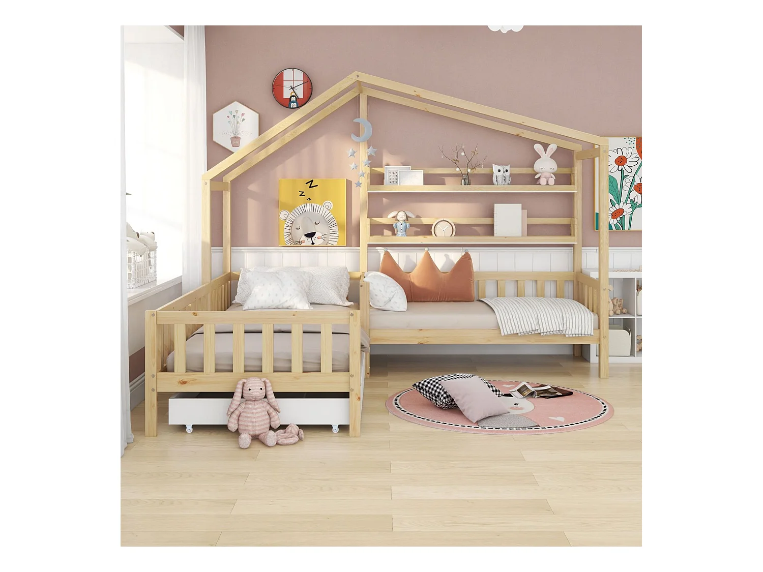 Lit enfant style maison avec tiroirs et étagères, en bois massif avec barrière et sommier à lattes, cadre en L, couleur naturelle (90x200 cm + 140x70 cm)