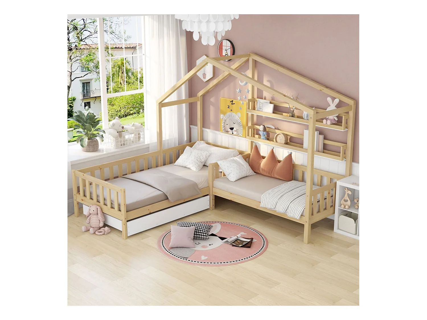 Lit enfant style maison avec tiroirs et étagères, en bois massif avec barrière et sommier à lattes, cadre en L, couleur naturelle (90x200 cm + 140x70 cm)