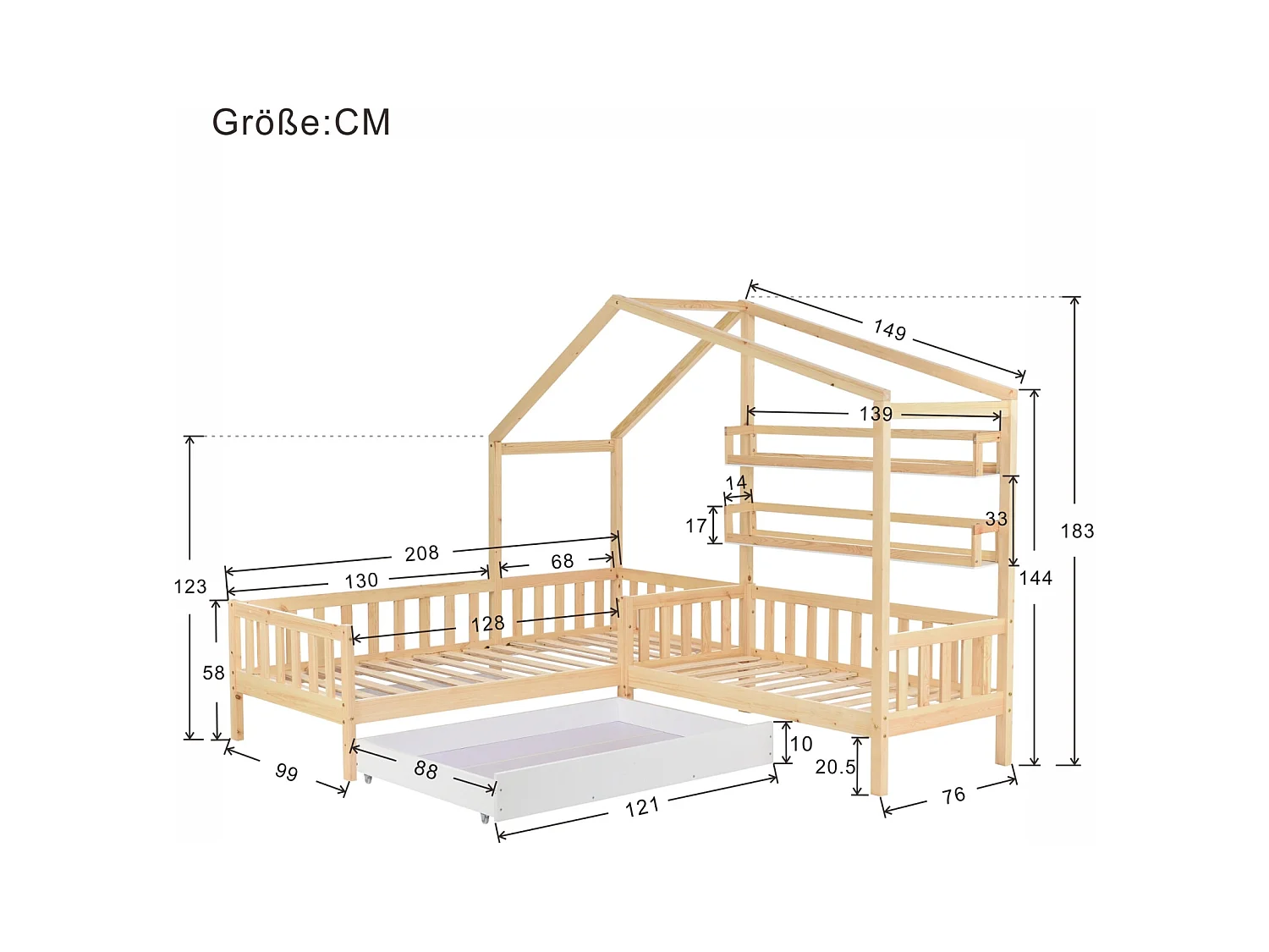 Lit enfant style maison avec tiroirs et étagères, en bois massif avec barrière et sommier à lattes, cadre en L, couleur naturelle (90x200 cm + 140x70 cm)
