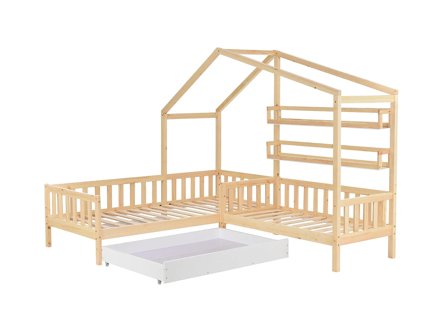 Lit enfant style maison avec tiroirs et étagères, en bois massif avec barrière et sommier à lattes, cadre en L, couleur naturelle (90x200 cm + 140x70 cm)