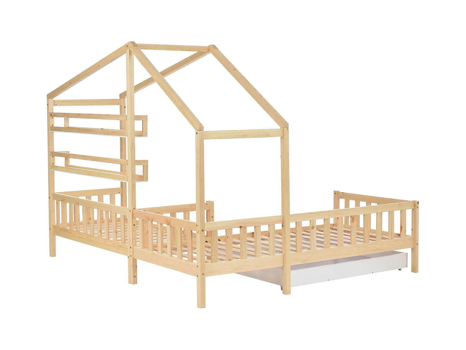 Lit enfant style maison avec tiroirs et étagères, en bois massif avec barrière et sommier à lattes, cadre en L, couleur naturelle (90x200 cm + 140x70 cm)