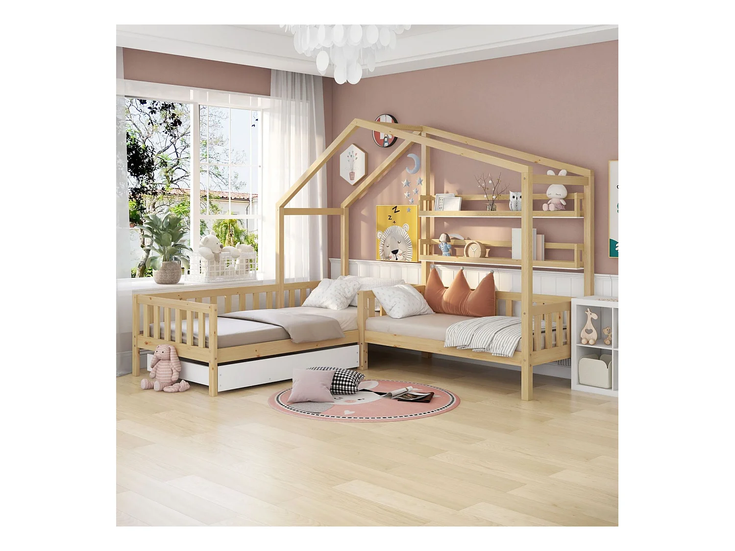 Letto per bambini in stile casetta con cassetti e ripiani, realizzato in legno massello con rete e doghe, struttura a L, colore naturale (90x200 cm + 140x70 cm)