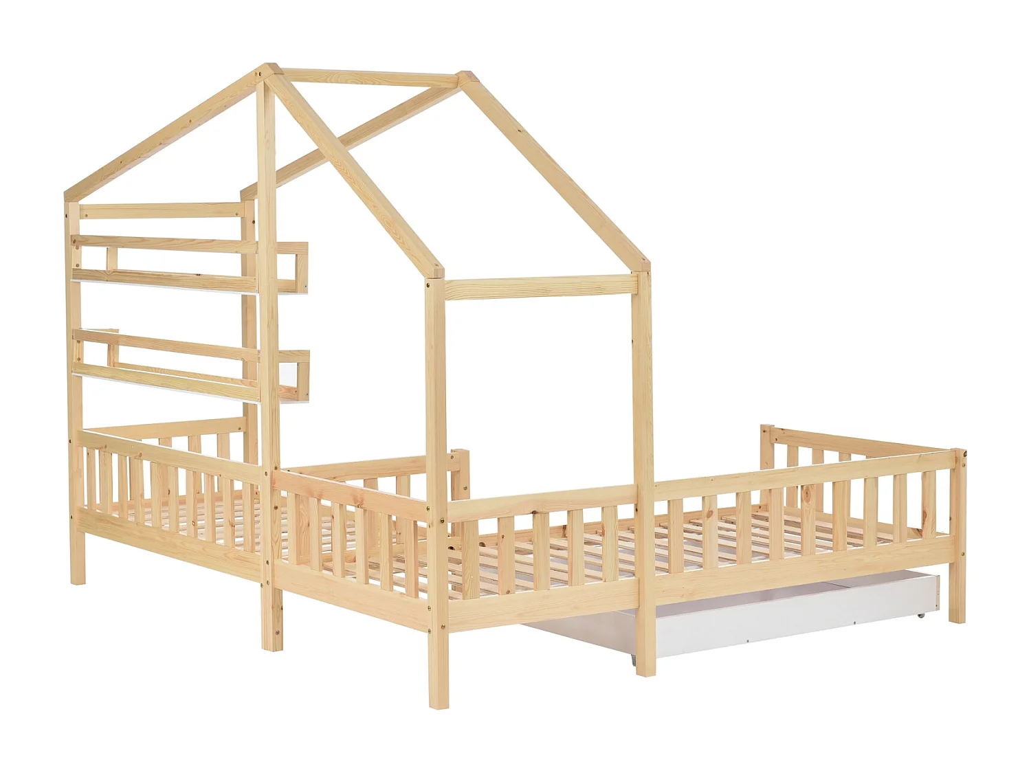 Kinderbed in huisstijl met lades en planken, gemaakt van massief hout met een hek en lattenbodem, L-vormig frame, natuurlijke kleur (90x200 cm + 140x70 cm)